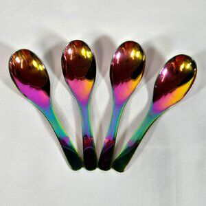 Set (4) Rainbow Iridescent Soup Spoons Stainless Steel Silverware 7.5"